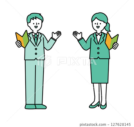Full-body illustration of a smiling business person talking while holding a beginner's mark Full-body illustration of a smiling business person talking while holding a beginner's mark 127628145