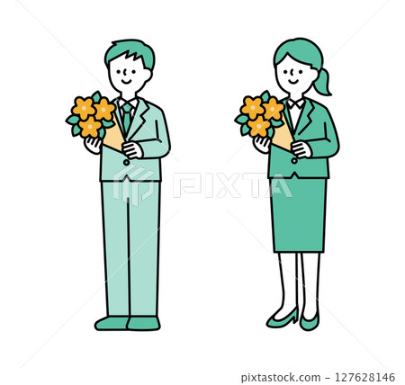 一位面帶微笑、手捧花束的商務人士的全身插畫 127628146