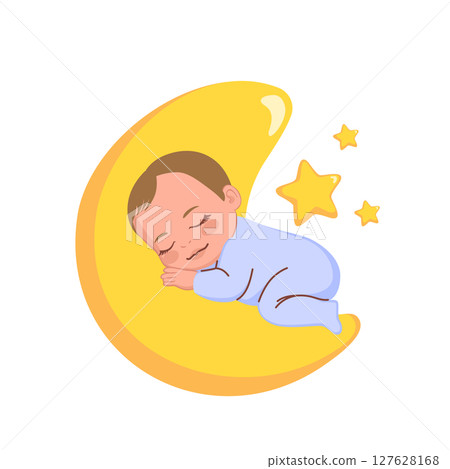 Vector Cartoon Illustration Of Baby Boy Sleeping On Fluffy Moon With Stars Vector Cartoon Illustration Of Baby Boy Sleeping On Fluffy Moon With Stars 127628168