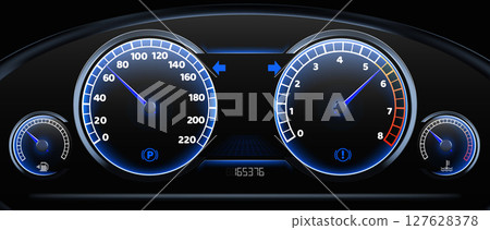 Modern car dashboard with speedometer gauges Modern car dashboard with speedometer gauges 127628378