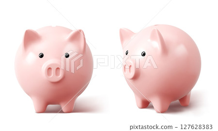 Pink 3d piggy banks from front and side angles 127628383