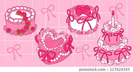 Vintage pink cakes with ribbons and bows 127628385