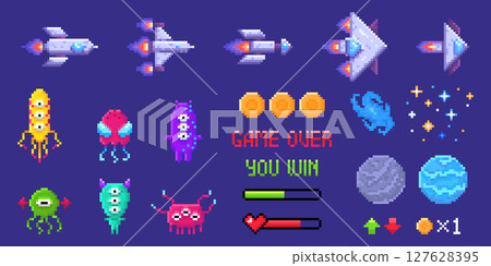 Retro pixel space invader game assets 127628395