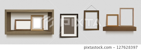 Wooden photo frame collection on wall shelf 127628397