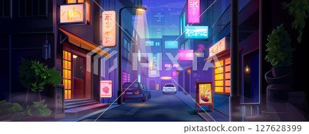 Downtown street neon night scene Downtown street neon night scene 127628399