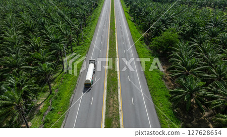 Aerial view cargo truck on highway logistic cargo transport, Semi truck trailer on highway cargo transport supply chain freight distrtibution, Global business logistic transport truck cargo freight. 127628654