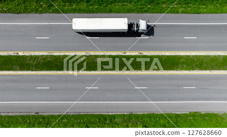 Aerial view cargo truck on highway logistic cargo transport, Semi truck trailer on highway cargo transport supply chain freight distrtibution, Global business logistic transport truck cargo freight. Aerial view cargo truck on highway logistic cargo transport, Semi truck trailer on highway cargo transport supply chain freight distrtibution, Global business logistic transport truck cargo freight. 127628660