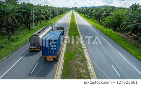 Logistic truck on rural highway cargo transport supply chain freight distrtibution, Heavy cargo logistic truck freight transport, Aerial view semi truck trailer cargo logistic freight. 127628661