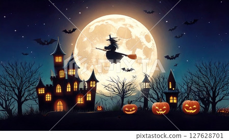 萬聖節之夜，月圓之夜，女巫在空中飛舞，南瓜燈閃閃發光 127628701
