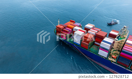 Aerial view container cargo ship international industrial, Global business import export transportation logistic by container cargo ship, Sea fright shipping industry, Container cargo freight shipping Aerial view container cargo ship international industrial, Global business import export transportation logistic by container cargo ship, Sea fright shipping industry, Container cargo freight shipping 127628712