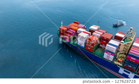 Aerial view container cargo ship international industrial, Global business import export transportation logistic by container cargo ship, Sea fright shipping industry, Container cargo freight shipping Aerial view container cargo ship international industrial, Global business import export transportation logistic by container cargo ship, Sea fright shipping industry, Container cargo freight shipping 127628728
