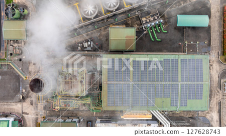 Aerial view industrial power plant, Modern industrial power plant renewable energy, Hybrid power plant industrial. 127628743