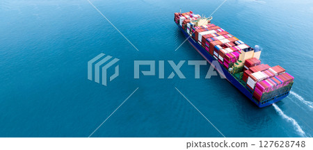 Aerial view container cargo ship freight shipping international, Global business freight shipping import export logistic transportation container ship, Container cargo ship sea freight container ship. Aerial view container cargo ship freight shipping international, Global business freight shipping import export logistic transportation container ship, Container cargo ship sea freight container ship. 127628748