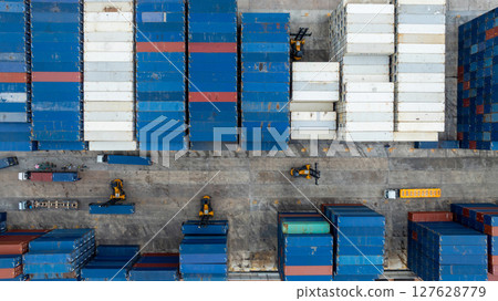 Aerial view semi truck trailer cargo container at logistic park warehouse, Distribution center warehouse shipping supply chain, Business transportation logistic shipping cargo container by semi truck 127628779