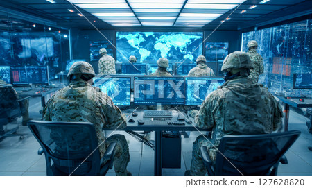 A military command center with soldiers monitoring large digital war screens, modern equipment and strategic maps A military command center with soldiers monitoring large digital war screens, modern equipment and strategic maps 127628820