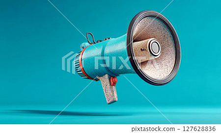 Retro-futuristic megaphone floating on vivid cyan backdrop 127628836