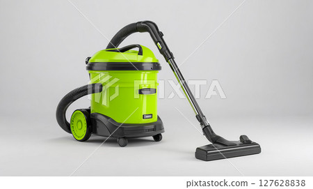 Front loading industrial vacuum cleaner with large tank and flexible hose placed on light gray background 127628838
