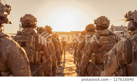 Group of modern soldiers in full tactical gear standing in formation at military base, sunrise casting long shadows 127628840