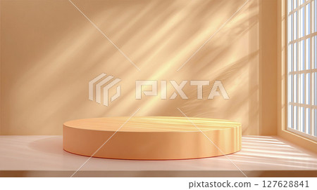 Round beige concrete stage for product presentation, minimalist si calm style room, shadow from window 127628841
