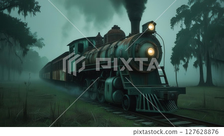 Haunted steam locomotive travels through eerie fog in dark forest, perfect for spooky Halloween or mystery themes 127628876