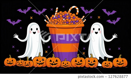 Cute Halloween ghosts with a big candy bucket and pumpkins in cartoon style on black background 127628877