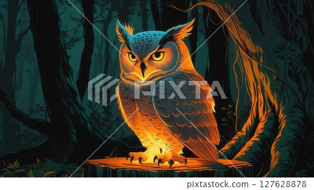 Glowing Halloween owl perched on tree stump in dark spooky forest, mysterious night scene illustration 127628878