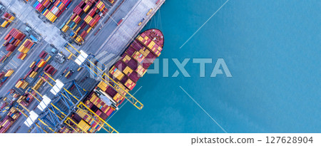Aerial view container cargo ship freight shipping international, Global business freight shipping import export logistic transportation container ship, Container cargo ship sea freight container ship. 127628904