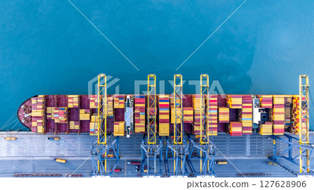 Aerial view container cargo ship freight shipping international, Global business freight shipping import export logistic transportation container ship, Container cargo ship sea freight container ship. 127628906