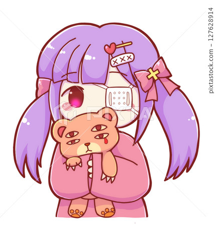 Girl with an eyepatch holding a creepy stuffed toy Girl with an eyepatch holding a creepy stuffed toy 127628914
