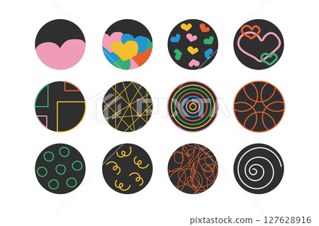 Collection of colorful circles with various abstract designs. Round icon set with hearts, circles, lines and spiral. Vector illustration for branding, social media, decoration. Collection of colorful circles with various abstract designs. Round icon set with hearts, circles, lines and spiral. Vector illustration for branding, social media, decoration. 127628916