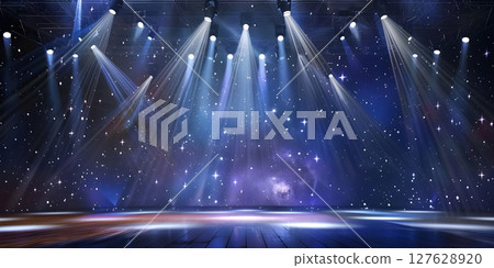 Starlit Stage: Spotlight Illumination Background, Stage Lights and Stars: Illuminated Performance Background - Ai Generated 127628920