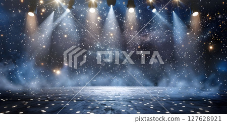 Starlit Stage: Spotlight Illumination Background, Stage Lights and Stars: Illuminated Performance Background - Ai Generated 127628921