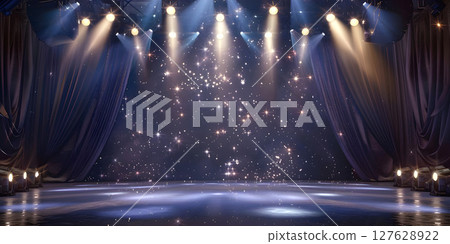 Starlit Stage: Spotlight Illumination Background, Stage Lights and Stars: Illuminated Performance Background - Ai Generated 127628922