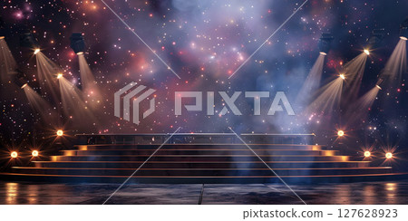 Starlit Stage: Spotlight Illumination Background, Stage Lights and Stars: Illuminated Performance Background - Ai Generated 127628923