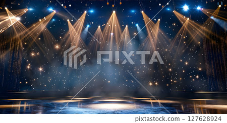 Starlit Stage: Spotlight Illumination Background, Stage Lights and Stars: Illuminated Performance Background - Ai Generated Starlit Stage: Spotlight Illumination Background, Stage Lights and Stars: Illuminated Performance Background - Ai Generated 127628924