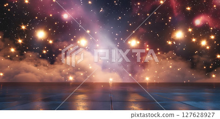 Starlit Stage: Spotlight Illumination Background, Stage Lights and Stars: Illuminated Performance Background - Ai Generated 127628927