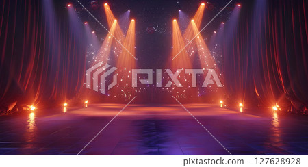 Starlit Stage: Spotlight Illumination Background, Stage Lights and Stars: Illuminated Performance Background - Ai Generated 127628928