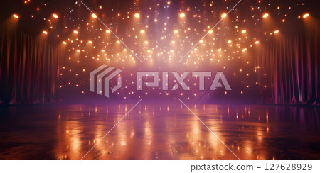 Starlit Stage: Spotlight Illumination Background, Stage Lights and Stars: Illuminated Performance Background - Ai Generated 127628929