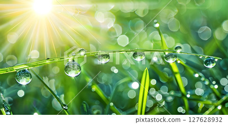 Water drops of dew with reflecting sun on stem of green grass background - Ai Generated 127628932