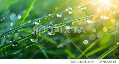 Water drops of dew with reflecting sun on stem of green grass background - Ai Generated 127628935