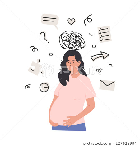Pregnant woman managing prenatal planning. Stressed, tired, overwhelmed mom having anxiety. Nesting, baby preparation and mental load. Flat style vector illustration isolated on white background. Pregnant woman managing prenatal planning. Stressed, tired, overwhelmed mom having anxiety. Nesting, baby preparation and mental load. Flat style vector illustration isolated on white background. 127628994