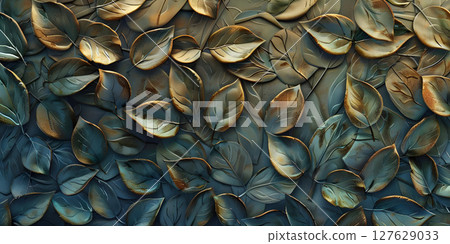 Leafy Tiles: 3D Texture Background with Natural Elegance, Textured Foliage: 3D Leaves Tiles for a Nature-Inspired Background-Ai-generated 127629033