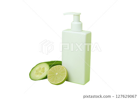 Cream bottle with cucumber & lime, isolated on white, PNG 127629067