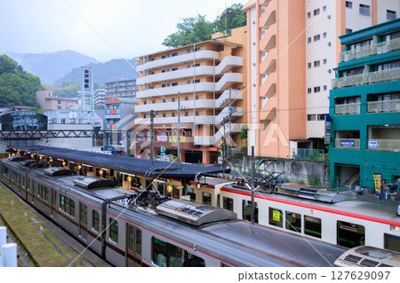 Rainy scenery at Arima Onsen Station, a popular hot spring resort 127629097