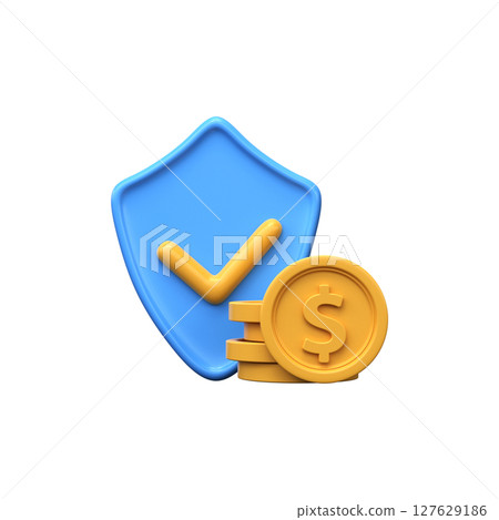 Financial savings insurance. 3d dollar coins with shield 127629186