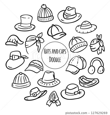 Set of Doodles illustration of Hats and caps . Thin line art about clothes. Set of Doodles illustration of Hats and caps . Thin line art about clothes. 127629269