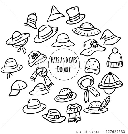 Set of Doodles illustration of Hats and caps . Thin line art about clothes. 127629280