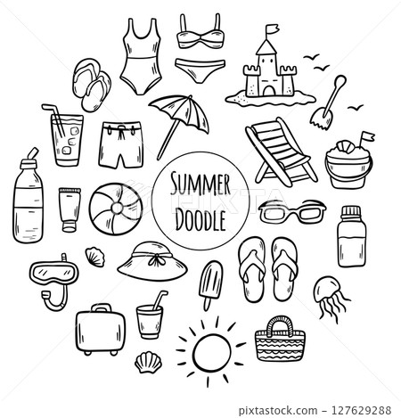 An Exciting and Vibrant Summer Travel Fun Icons Collection. Vacation doodles elements in cartoon style 127629288