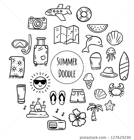 An Exciting and Vibrant Summer Travel Fun Icons Collection. Vacation doodles elements in cartoon style An Exciting and Vibrant Summer Travel Fun Icons Collection. Vacation doodles elements in cartoon style 127629290
