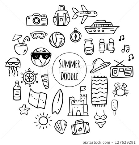 An Exciting and Vibrant Summer Travel Fun Icons Collection. Vacation doodles elements in cartoon style 127629291